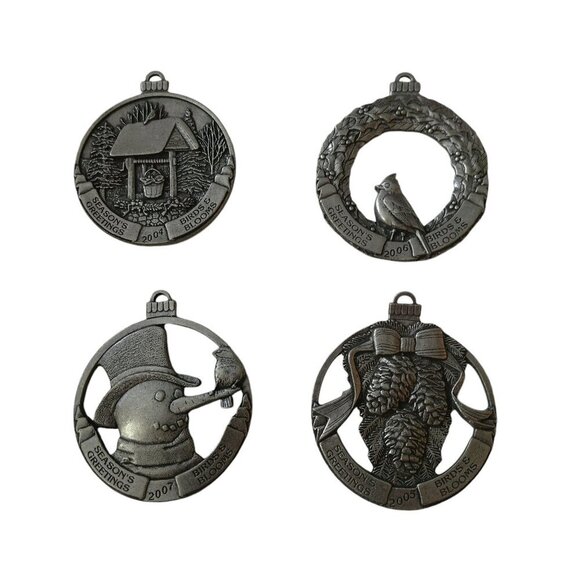 Birds and Blooms Pewter Christmas Ornaments Metal Lot Of 4 2004-2007 - Picture 1 of 5